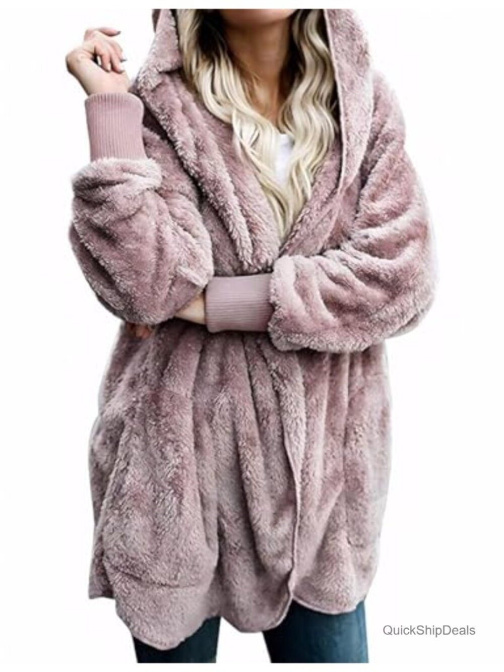 Women Hooded Open Front Fuzzy Fleece Cardigan Jacket with Pockets
